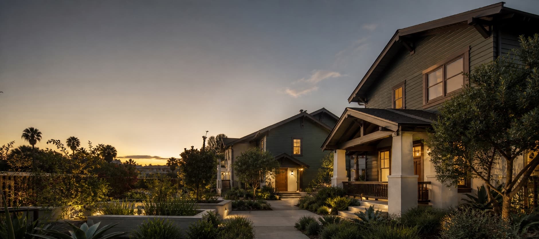 Editorial Echo Park Craftsman multifamily courtyard at dusk