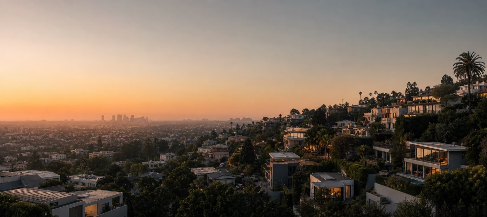 Editorial panorama of Los Angeles homes and neighborhoods at dusk